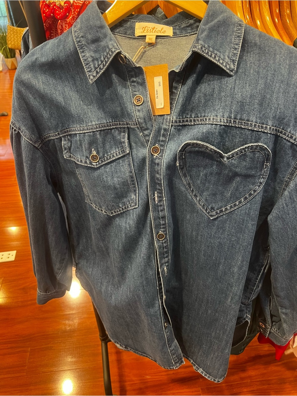 Listicle Dark Blue Denim Button-Down Shirt with Heart Patch Relaxed Fit NWT